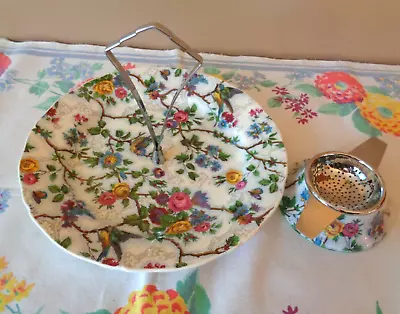 Vintage Midwinter One Tier Cake Stand Handle & Tea Strainer Lorna Doone Chintz • $34.95