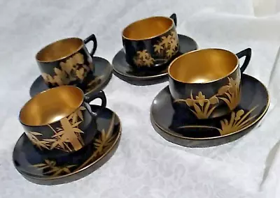 Vintage Japanese Lacquerware Teacups/Saucers Each W/Individual Design Set Of 4 • $25.99