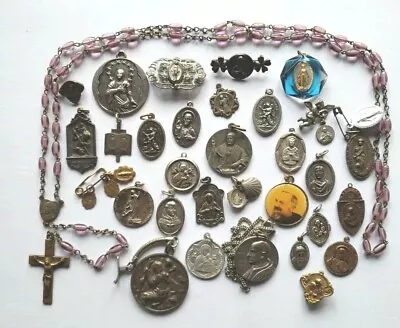 Vtg Lot Catholic Rosary St Christopher Mary Miraculous Medals Saints Pins Jesus  • $19.50