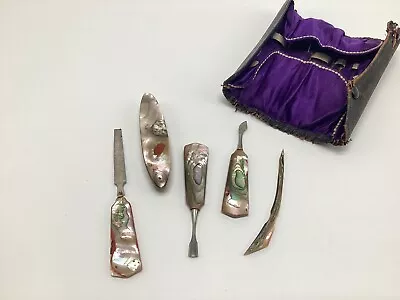 Vintage Antique Mother Of Pearl MOP Abalone Manicure Set Of 5 Cuticle • $27.89
