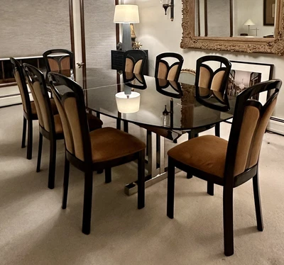 $5500 • Buy Vtg Hollywood Regency Smoked Glass Top Chrome Base Dining Table, 8 Lacquer Chair