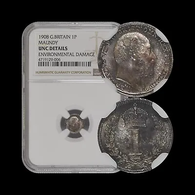 GREAT BRITAIN. 1908 1 Penny Silver - NGC UNC - KEVII Maundy 🌈 Toned RARE • $106.24