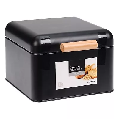 Bread Bin Black Kitchen Food Loaf Storage Canister Box Metal Lid Wooden Square • £14.99