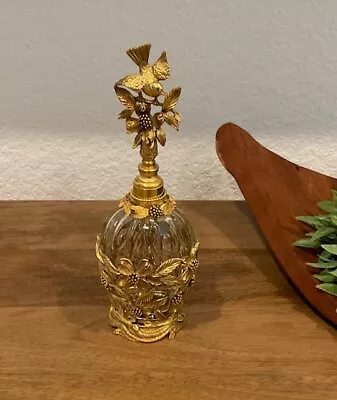 Vintage Ormulo Perfume Bottle Bird W/Flowers Filigree Glass Dauber Gold • $95