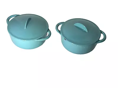 2 Vtg Le Creuset Turquoise Cast Iron Enamel Mini Dutch Oven Cocotte W/ Lid 4.75” • $79.99