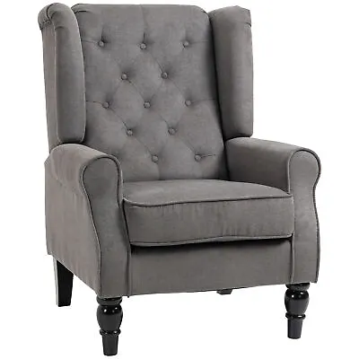 HOMCOM Accent Armchair Home Furniture Retro Tufted Club Wood Fabric Dark Grey • £159.99
