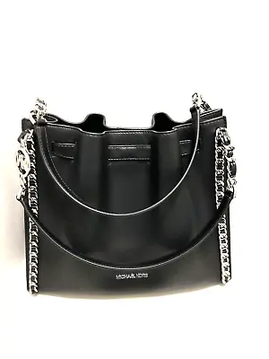 Michael Kors Mina Large Chain Shoulder Leather Bag Handbag Purse Black/silver • $176