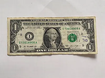 One Dollar Bill Serial Number I 72018908 A $1 Note US Real Money 2013 Notes USA • $7.99