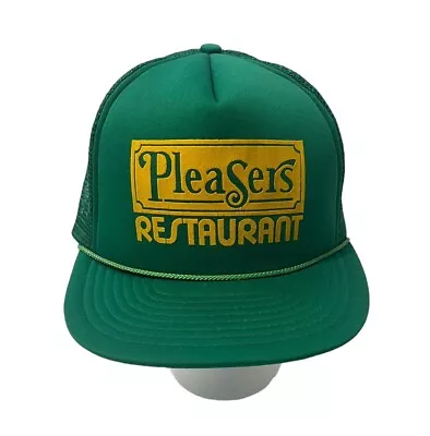 Vtg PLEASERS Restaurant Green Yellow Snapback Mesh Trucker Hat Cap Bedford IN • $29.69