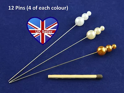 12 Extra Long 9cm (3.5 Inch) Hat Pin Style Pearl Beaded Millinery Pins 3 Colours • £8.95