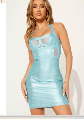 Rivir Halter Sexy Lace Party Metallic Bandage Mini Dress Blue Size M L Stretch • $44