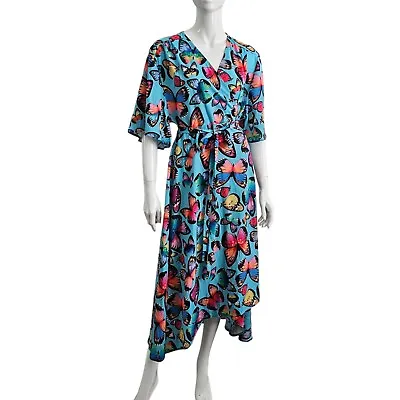 Lorraine Turquoise Butterfly Wrap Maxi Dress Size 14 Short Flutter Sleeve • $47