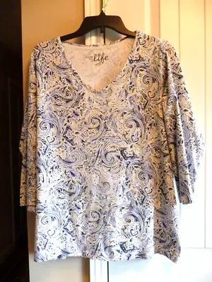 Made For Life Blue & White V-Neck ¾ Sleeve Top Size 2X • $10.95
