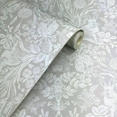 Putty / Grey Woodland Damask Rabbit Hedgehog Hand Painted Effect Wallpaper • £2