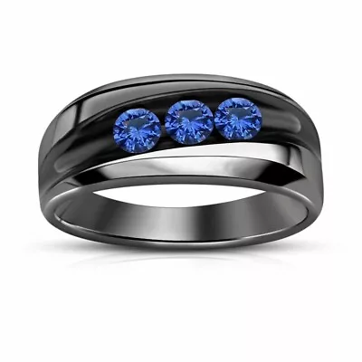1.50 Ct Natural Blue Sapphire Men's Wedding Band Ring Black Gold Plated Silver • $129.37