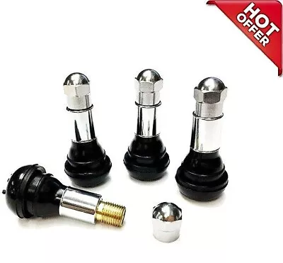 TR413 SNAP-IN TIRE VALVE STEMS WITH CAPS CHROME BLACK RUBBER (4pcs) • $0.99