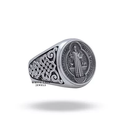 Saint Benedict Catholic Signet Christian Oxidized 925 Silver Men Religious Ring • $104.30