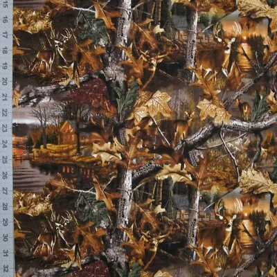 Nature Fabric - Licensed Realtree Lakeside Sunset Deer Leaf Cabin - Sykel YARD • $10.48