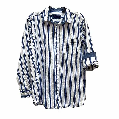 Alan Flusser Linen Blend Striped Long Sleeve Shirt •Tropical Coastal Preppy Boho • $48