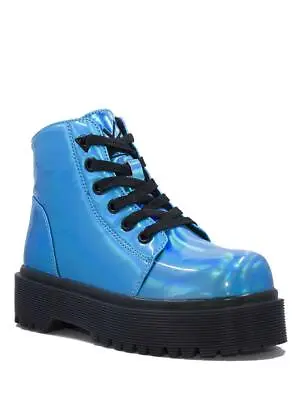 $108.95 • Buy YRU Slayr Combat Boots - Blue Holographic Hologram, Platform Shoes Rave Festival