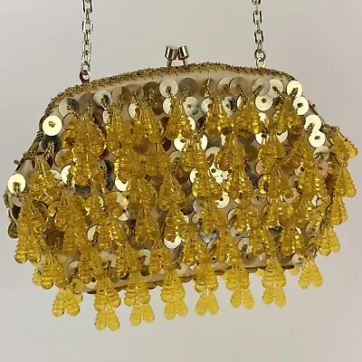 60’s VTG Beaded Cha Cha Clutch Gold Yellow Chandelier Dangle Evening Purse • $67.90