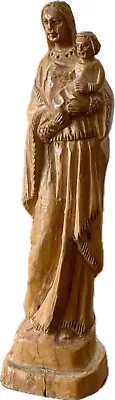 Vintage Statue Madonna Virgin Mary And Baby Jesus Hand Carved From Olive Wood • $29.95