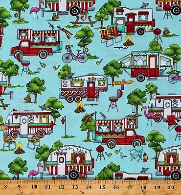 Cotton Campers Retro Vans Travel Camping Trip Fabric Print By The Yard D587.67 • $11.95