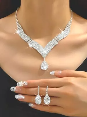 Silver Necklace And Earring Set Wedding Bridal Sparkle Diamante Rhinestone Bling • £8.49