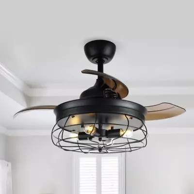 34  Retractable Ceiling Fan + Remote Modern Steampunk Cage Cabin Loft Hut Light • $299.99