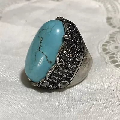 Fabulous Blue Turquoise & Marcasite Statement Costume Large Ring Women’s Size 8 • $24.99