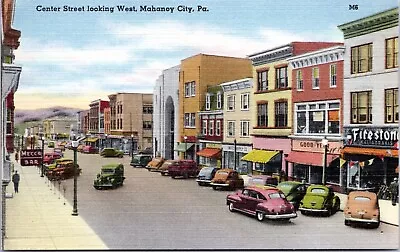 Center Street Mahanoy City Pennsylvania - Linen Postcard- Goodyear Firestone • $11.99