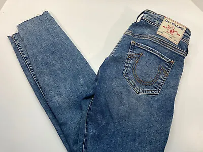 True Religion Halle Mid Rise Super Skinny Denim Blue Jeans Pants Sz 27 Stretch • $22.46