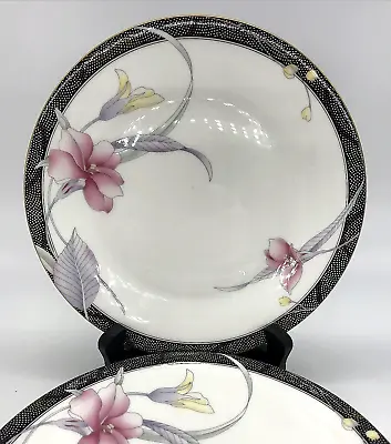 4 Mikasa Japan Cosmo Salad Plate Pink Flowers Black Band Bone China Vtg EUC • $17.99