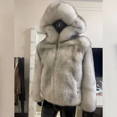 Mens Natural White Real Fox Fur Coat Genuine Full Pelt Fur Hooded Bomber Jacket  • £839.36