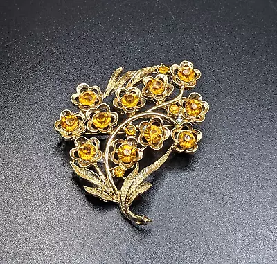 Vintage Gold Tone & Orange Rhinestone Flower Bouquet Brooch Pin • $8.99