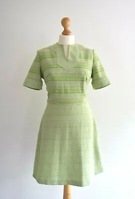 £35 • Buy Vintage 60s 70s Retro Mod Scooter GoGo Twiggy Green Striped Mini A-line Dress 10
