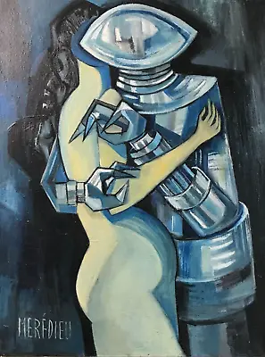 Couple Signed Meredieu 60s Painting Modernist Robot Space Age Painting Vintage • $979.76