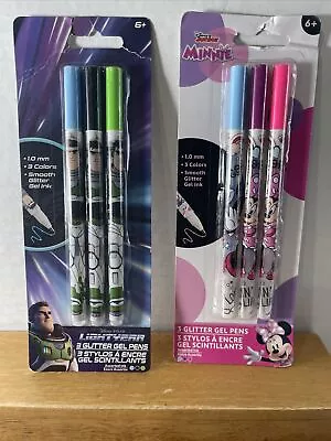 2X NEW Disney Minnie Mouse & Lightyear Childrens Glitter Gel Pen Sets 3Pk • $12.99