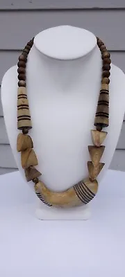 Vintage African Tribal Chunky Wooden Beaded Necklace Boho Geometric Faux Tusk • $17.87