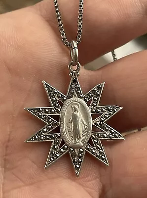 Vintage Sterling Silver Mother Mary Sun Star Marcasites W Chain Necklace Pendant • $40