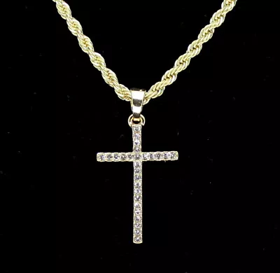 Thin Cubic Zirconia Cross Pendant 14k Gold Plated 20  Rope Chain HipHop Necklace • $9.95