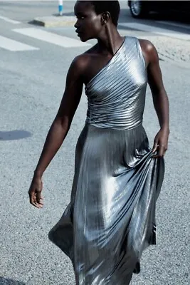 BNWT H&M Metallic-Coated Draped One-Shoulder Pleated Jersey Dress Silver Sz S L • £82.04