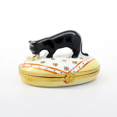 Retired Limoges France Porcelain Black Cat Drinking Milk Trinket Box By Artoria • $164