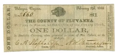 1863 $1 County Of Fluvanna VIRGINIA Note - CIVIL WAR Era Banknotes Rare! • $169