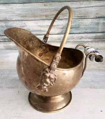 Vintage Small Brass Coal Scuttle Bucket Planter Lions Head Ceramic Delft Handle • $25