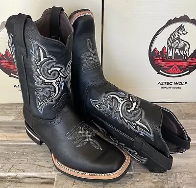 Men's Rodeo Cowboy Boots Square Toe Genuine Leather Western Pull On Black Botas • $99.99