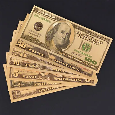 7pc 24K Gold Foil Plated U.S. Dollar Banknotes Gift - $1 $2 $5 $10 $20 $50 $100 • $7.99