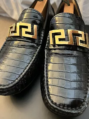 Pre Owned Versace Greca Croc-Embossed Leather Loafer Men's Black 43.5 • $450