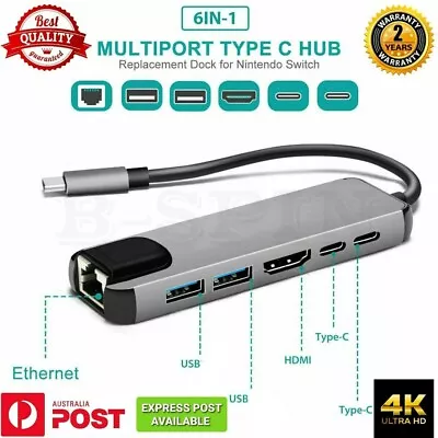 $32.99 • Buy 6 In 1 USB-C HUB Type-C USB Adapter Dock MacBook Pro Multi 4K HDMI Ethernet 