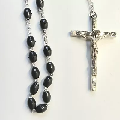 Crucifix Rosary Italy Black Beads Necklace Silver 30  Hand Made Vintage K Of C  • $15